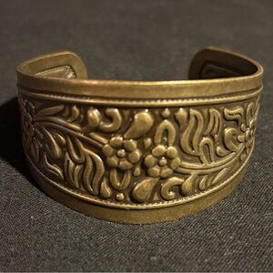 Floral Embossed Brass Cuff Bracelet